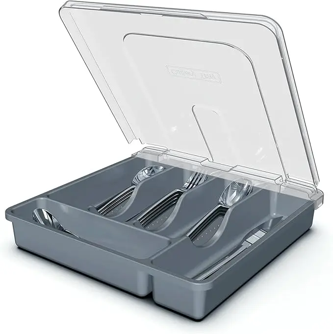 Silverware Organizer with Cover, Portable Cutlery Holder Flatware Tray with Lid Plastic Silverware Storage Box (Dark Gray)