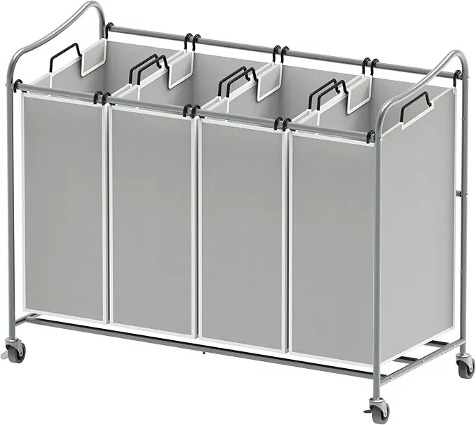 Simple Houseware 4-Bag Heavy Duty Laundry Sorter Rolling Cart, Silver