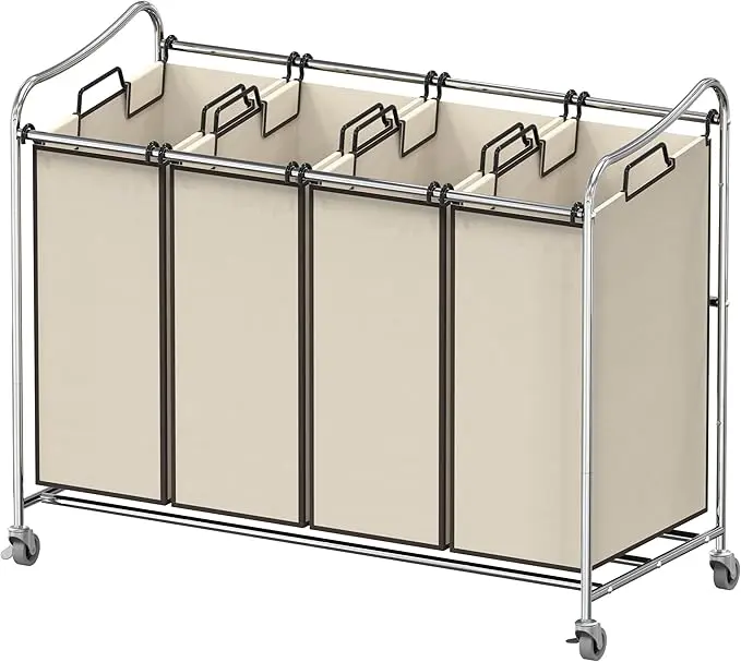Simple Houseware 4-Bag Heavy Duty Rolling Laundry Sorter Cart, Chrome