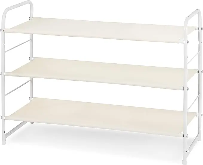 Simple Trending 3-Tier Stackable Shoe Rack, Expandable & Adjustable Fabric Shoe Shelf Storage Organizer, White
