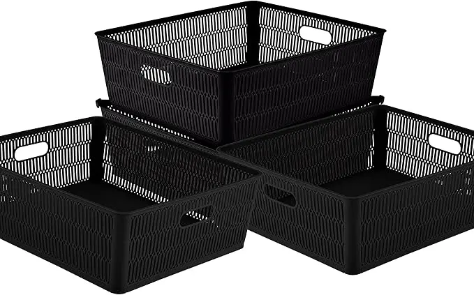 Simplify 4Pk Shallow Slide 2 Stack It Tote Basket | Storage & Organization | Open Bins with Stackable Capability | Bathroom | Crafts | Pantry | Playroom | Office | Black