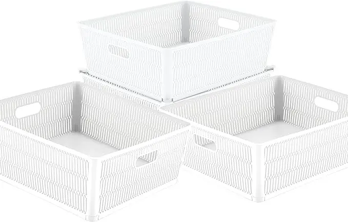 Simplify 4Pk Shallow Slide 2 Stack It Tote Basket | Storage & Organization | Open Bins with Stackable Capability | Bathroom | Crafts | Pantry | Playroom | Office | White
