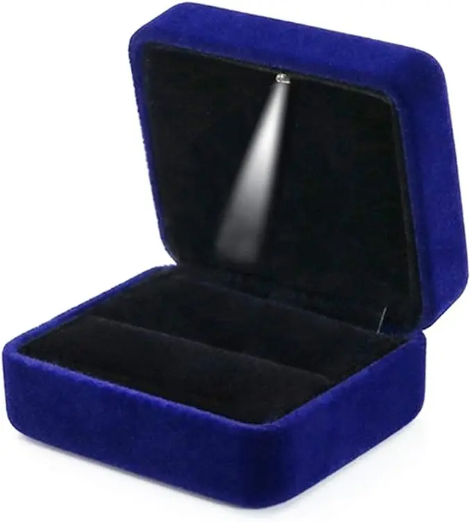 Single Slot Velvet Ring Box for Engagement or Wedding with LED Light - Blue