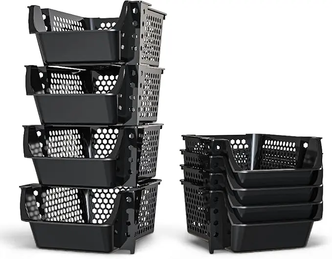 Skywin TidyFriend Stackable Storage Bins for Pantry, 4 Pack Stackable Bins for Organizing Snacks, Toiletries, and Small Essentials (Black)