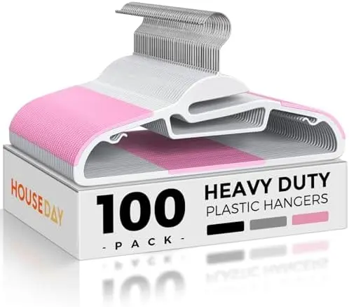 Slim Plastic Hangers with Non Slip Rubber Pads, 100 Pack, Pink