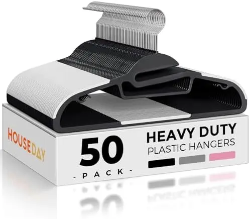 Slim Plastic Hangers with Non Slip Rubber Pads, 50 Pack, Black