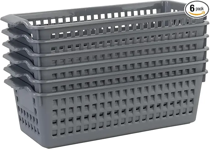 Slim Storage Basket Bins, 6 Pack Grey Plastic Baskets