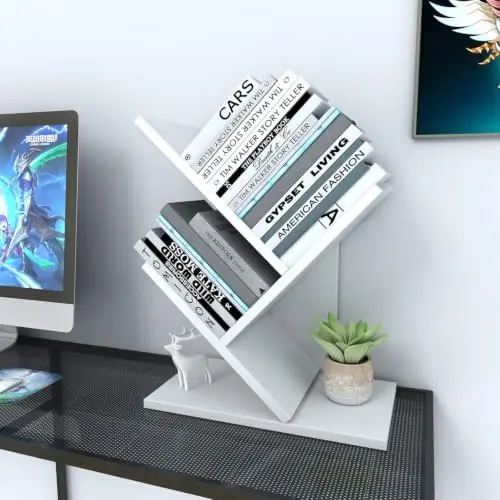 Small Bookshelf, 3-Tier Wood Tree Bookshelf with Office,White