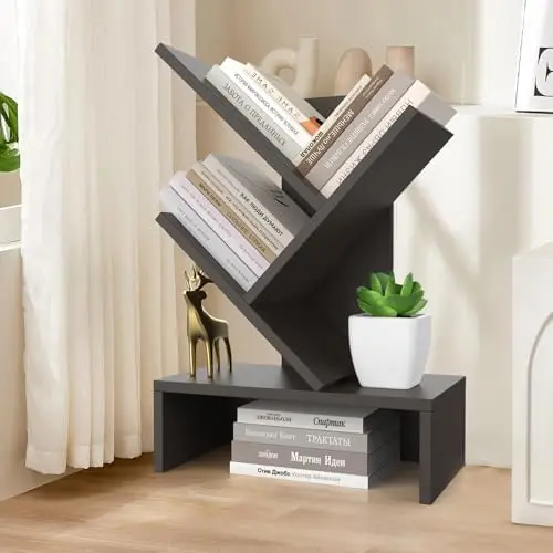 Small Bookshelf,4-Tier Bookshelf with Drawers,Black Bookshelf