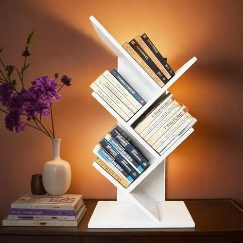 Small Bookshelf with Liting,5-Tier Desktop White Bookshelf LED