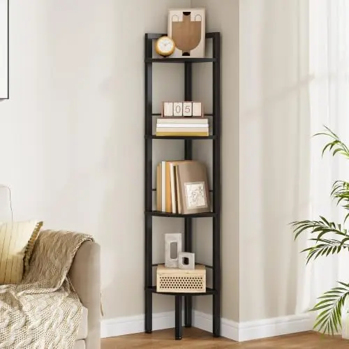 Small Corner Shelf Stand 4 Tier 48.5" with Metal Frame, Black