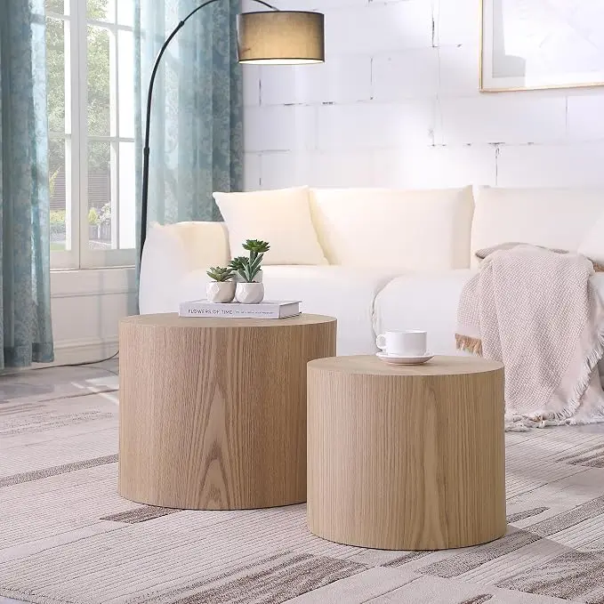 Small Round Coffee Table Nesting End Table Set of 2, Wood Side Circle Accent