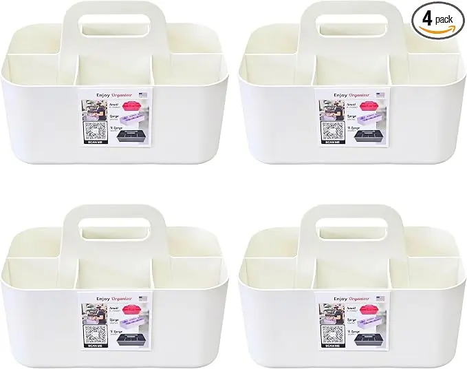 Small Stackable Plastic Caddy with Handle 6 Compartment | Desk, Makeup, Dorm Caddy, Classroom Art Organizers - 4 Pack, Made In USA (Ivory)