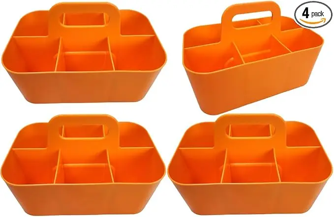 Small Stackable Plastic Caddy with Handle 6 Compartment | Desk, Makeup, Dorm Caddy, Classroom Art Organizers - 4 Pack, Made In USA (Orange)