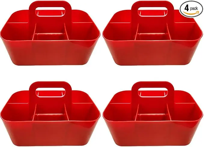 Small Stackable Plastic Caddy with Handle 6 Compartment | Desk, Makeup, Dorm Caddy, Classroom Art Organizers - 4 Pack, Made In USA (Red)