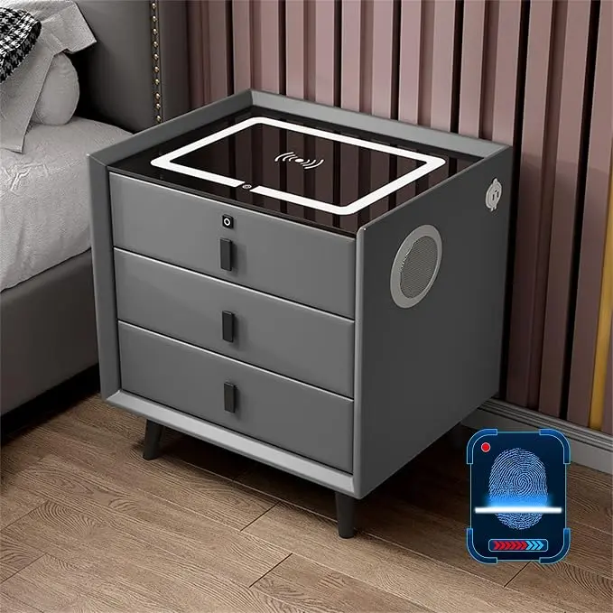 Smart Bedroom Nightstand with Fingerprint Lock and Adjustable LED Lights