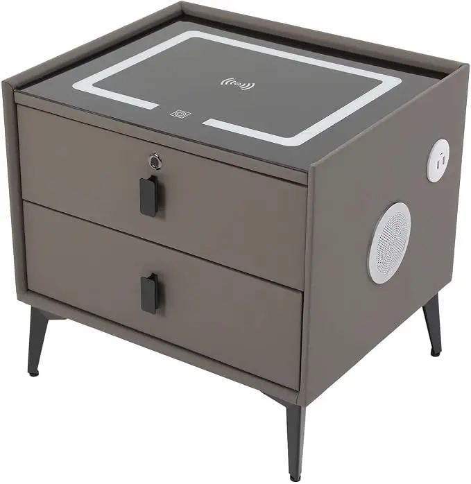 Smart Nightstand w/Fingerprint Lock Drawers, Smart Bedside Table w/USB Charging
