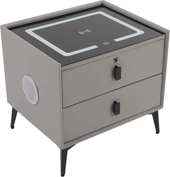 Smart Nightstand w/Fingerprint Lock Drawers, Smart Bedside Table w/USB Charging