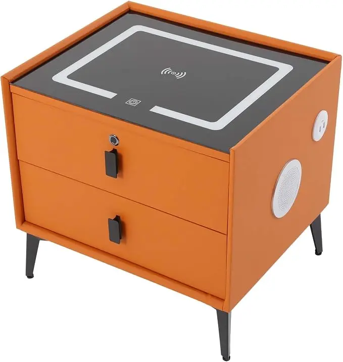 Smart Nightstand w/Fingerprint Lock Drawers, Smart Bedside Table w/USB Charging