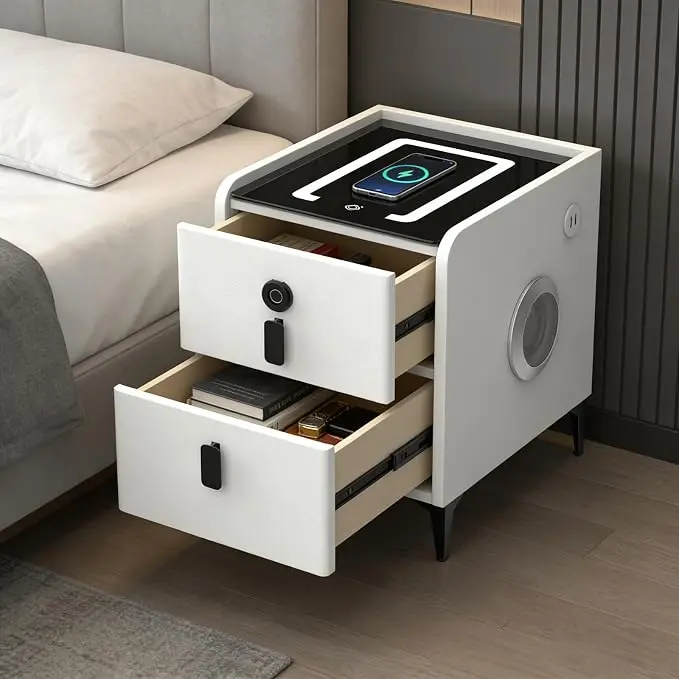 Smart Nightstand with 2 Drawers, with Fingerprint Lock Drawer, Nightstand with