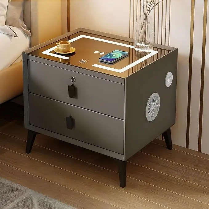 Smart Nightstand with Charging Station, Adjustable LED, USB Ports, Fingerprint