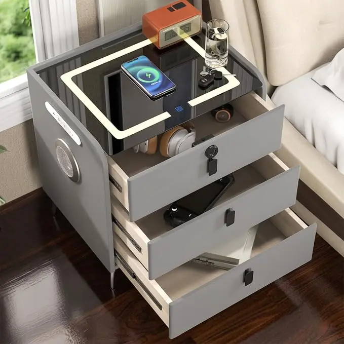 Smart Nightstand with Fingerprint Lock Drawer, Nightstand with Wireless Charging