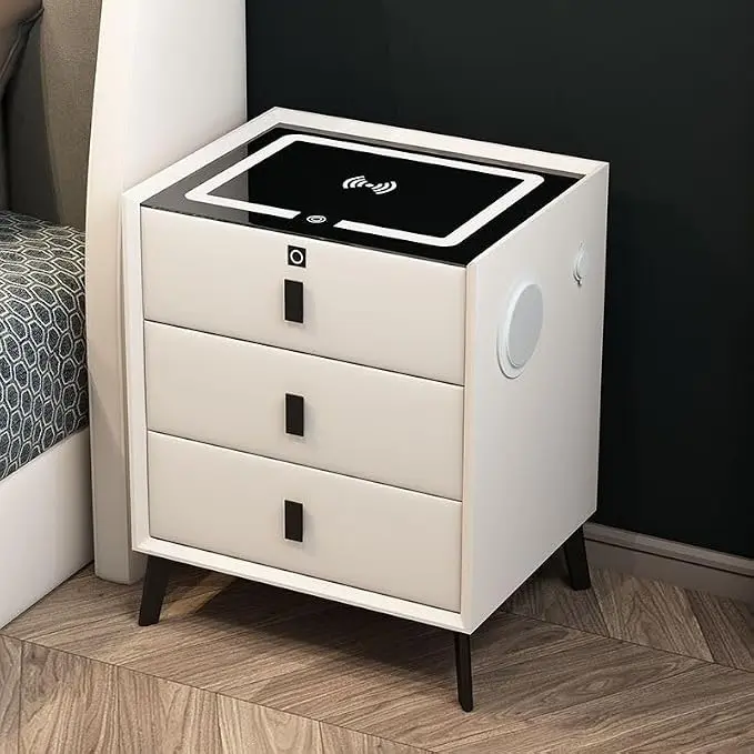 Smart Nightstand with Wireless Charging & Fingerprint Lock, 3-Drawer Bluetooth