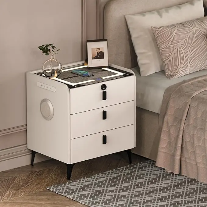 Smart Nightstand with Wireless Charging, with Fingerprint Lock Drawer, Night