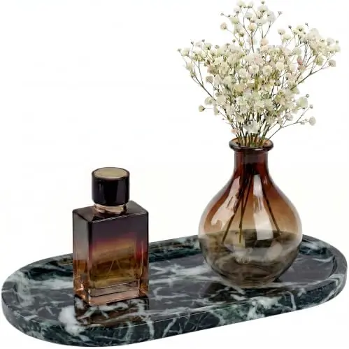 Snowflake Green Oval Marble Tray, 11.8x5.9 Vanity Perfume Organizer