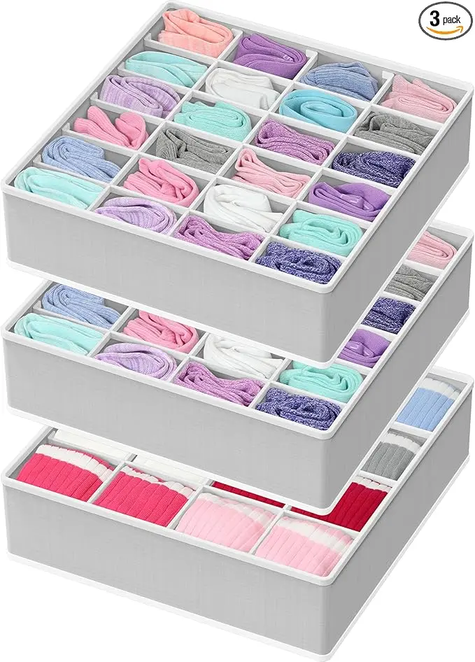 Sock Drawer Organizer for Dresser/Closet/Bedroom, 3 Pack, Gray