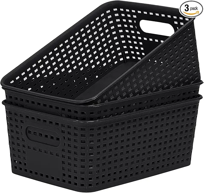 Soddeph 3 Pack Plastic Storage Baskets with Handles,Stackable Organizer Bins for Closet, Bathroom, Kitchen, Office, Shelf and Cabinet Organization (Black, Grid-3PACK)