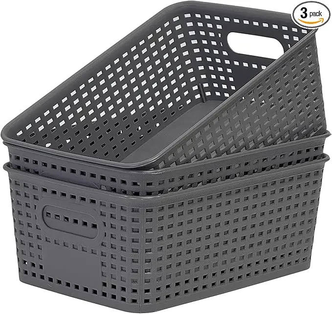 Soddeph 3 Pack Plastic Storage Baskets with Handles,Stackable Organizer Bins for Closet, Bathroom, Kitchen, Office, Shelf and Cabinet Organization (Gray, Grid-3PACK)