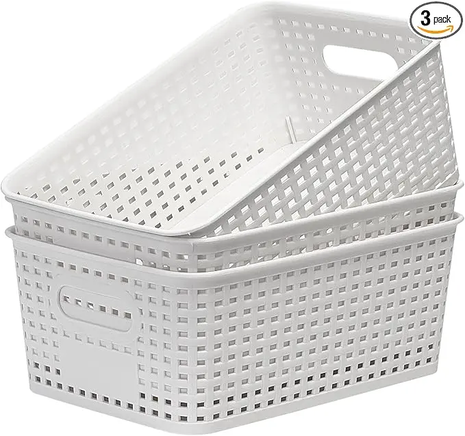 Soddeph 3 Pack Plastic Storage Baskets with Handles,Stackable Organizer Bins for Closet, Bathroom, Kitchen, Office, Shelf and Cabinet Organization (White, Grid-3PACK)