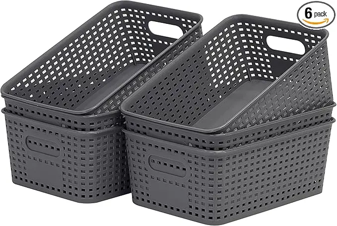 Soddeph 6 Pack Plastic Storage Baskets with Handles,Stackable Organizer Bins for Closet, Bathroom, Kitchen, Office, Shelf and Cabinet Organization (Gray, Grid-6PACK)