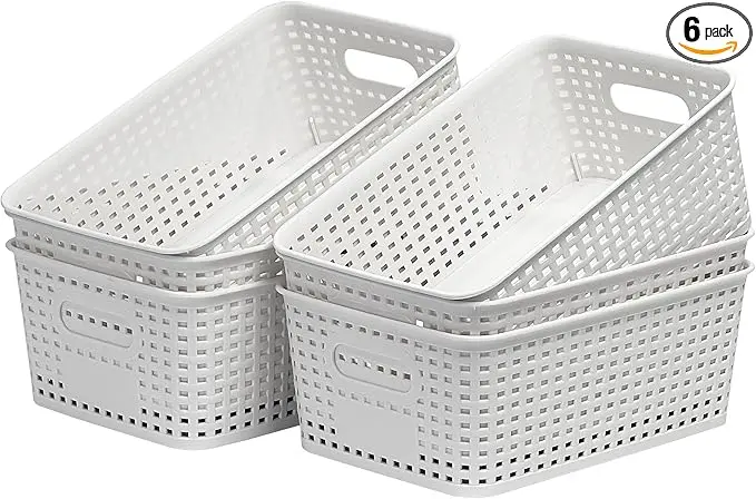 Soddeph 6 Pack Plastic Storage Baskets with Handles,Stackable Organizer Bins for Closet, Bathroom, Kitchen, Office, Shelf and Cabinet Organization (White, Grid-6PACK)