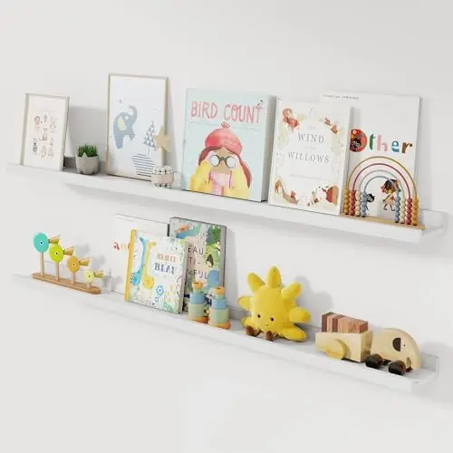 Solid Ash Wood Picture Ledge Shelf, 48 Inch, White, Set of 2