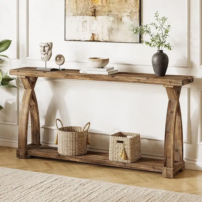 Solid Wood Console Table for Entryway, 63-Inch Narrow Farmhouse Couch Table