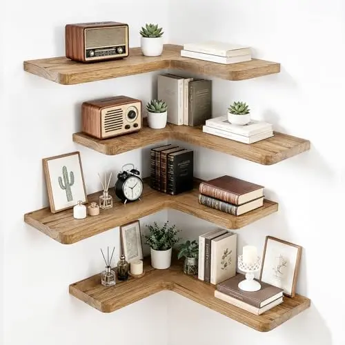 Solid Wood Corner Floating Shelves, L-Shaped, Oak, Set of 4
