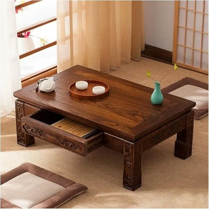 Solid Wood Japanese Floor Table, Tatami Style Rectangular Coffee Table