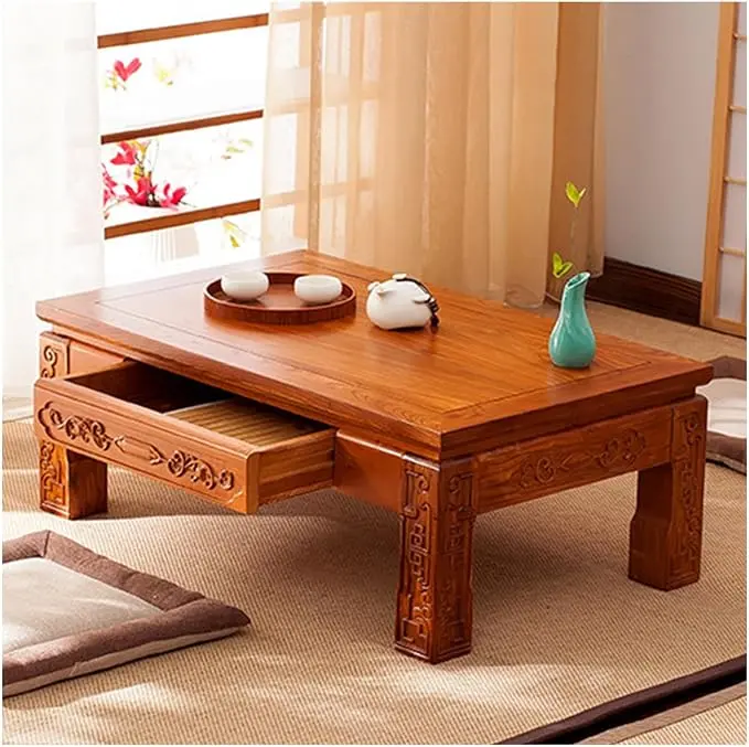 Solid Wood Japanese Floor Table, Tatami Style Rectangular Coffee Table