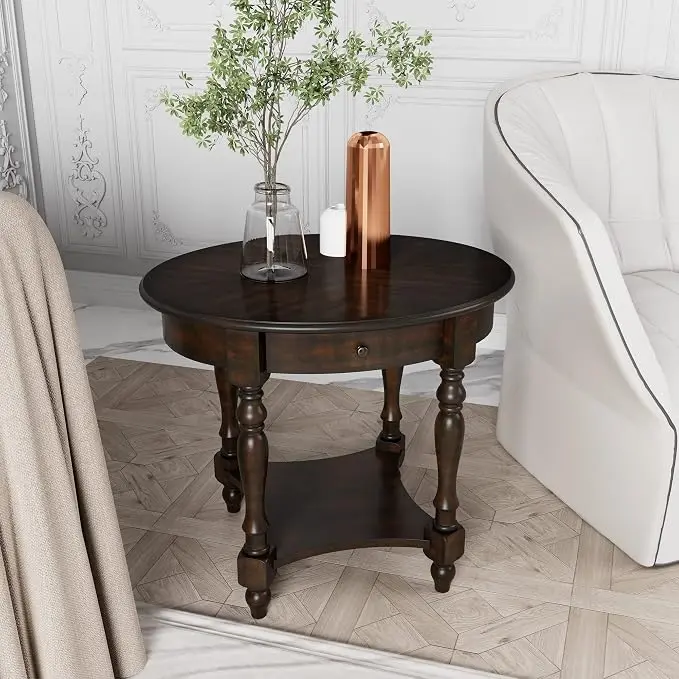 Solid Wood Oval End Table with Drawer and Storage Shelf, Vintage Walnut