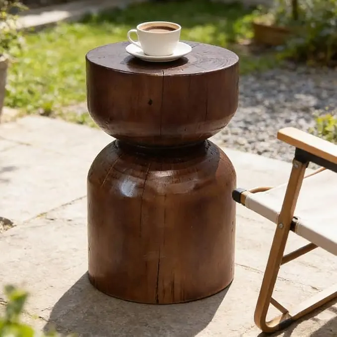 Solid Wood Stool & Sofa Side Table, Rustic Hourglass Wabi-Sabi Accent Coffee
