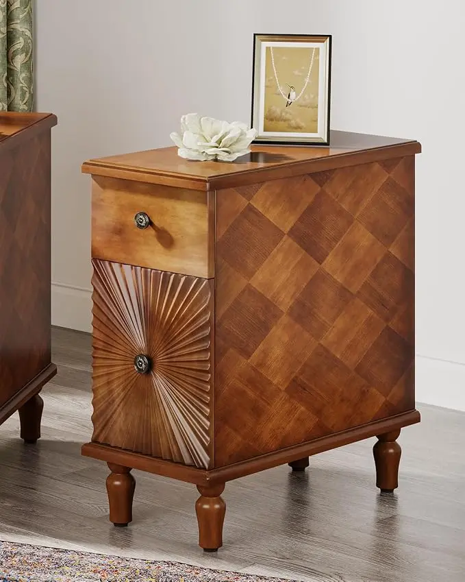 Solid Wood Sunburst End Table, No Assembly Required 2 Drawers Sofa Side Table
