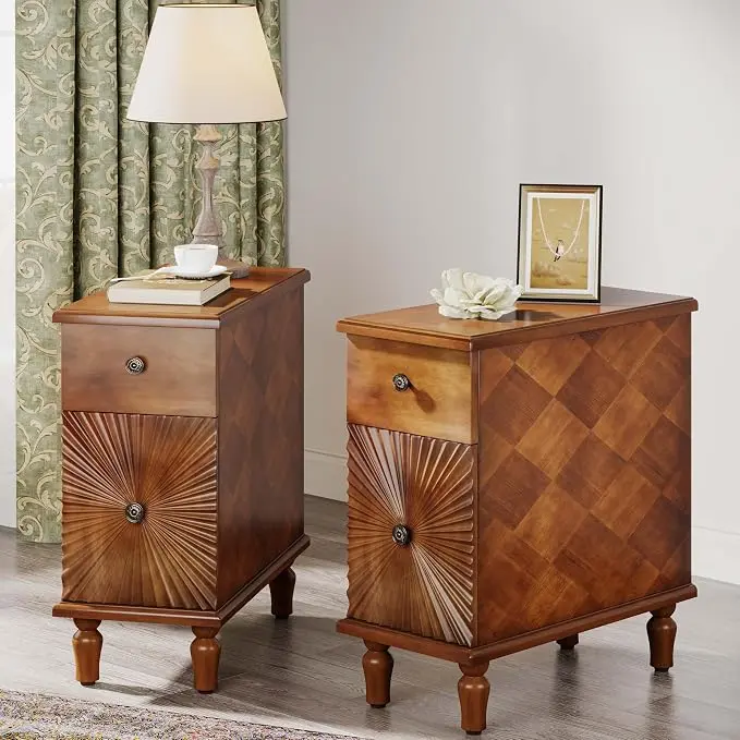 Solid Wood Sunburst End Table Set of 2, No Assembly Required 2 Drawers Sofa