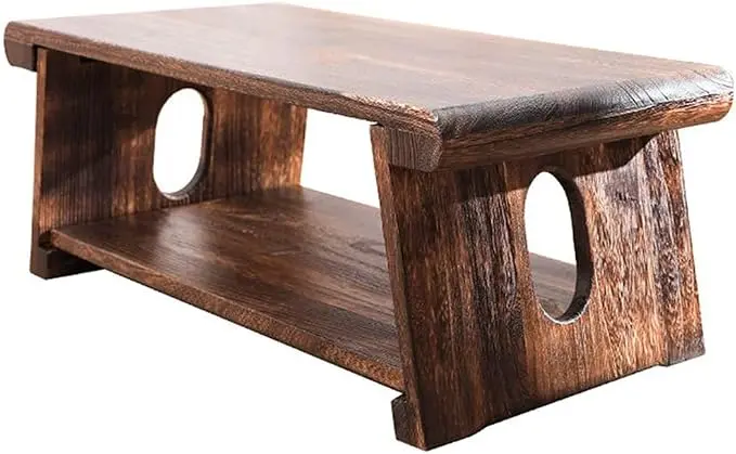 Solid Wood Vintage Folding Japanese Tea Table, Foldable Low Table, 2-Tier