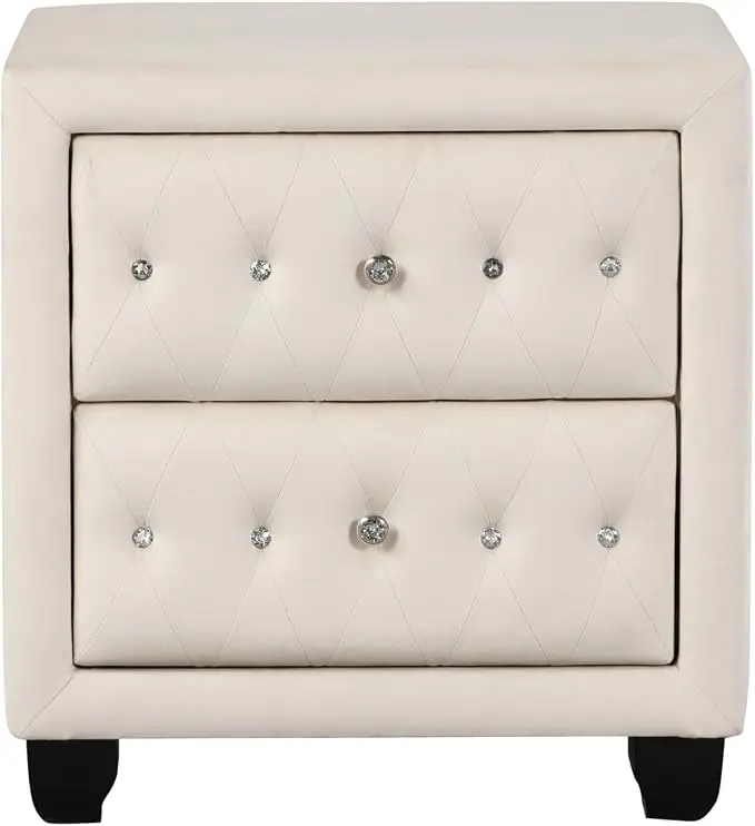 Sophia Modern Style Crystal Tufted 2-Drawer Nightstand Upholstered