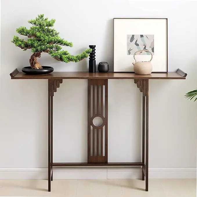 Southeast Asian Style Console Table, Walnut Bamboo Entryway Table, Narrow Long