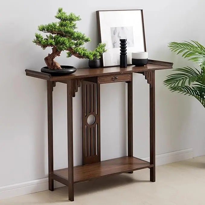Southeast Asian Style Console Table, Walnut Bamboo Entryway Table, Narrow Long