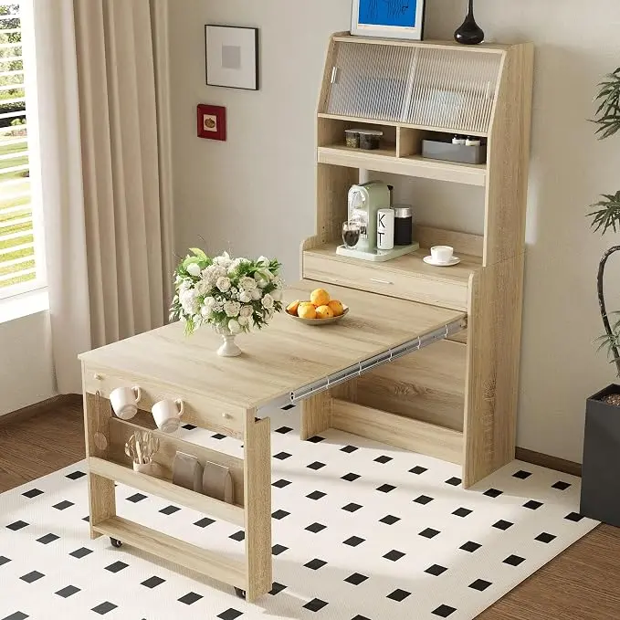 Spaco 2-in-1 Folding Dining Table and Buffet Cabinet Set, Compact Pull-Out