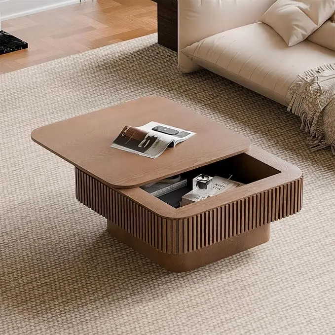 Square Coffee Table for Living Room, Fluted Drum Accent Tea Center Table